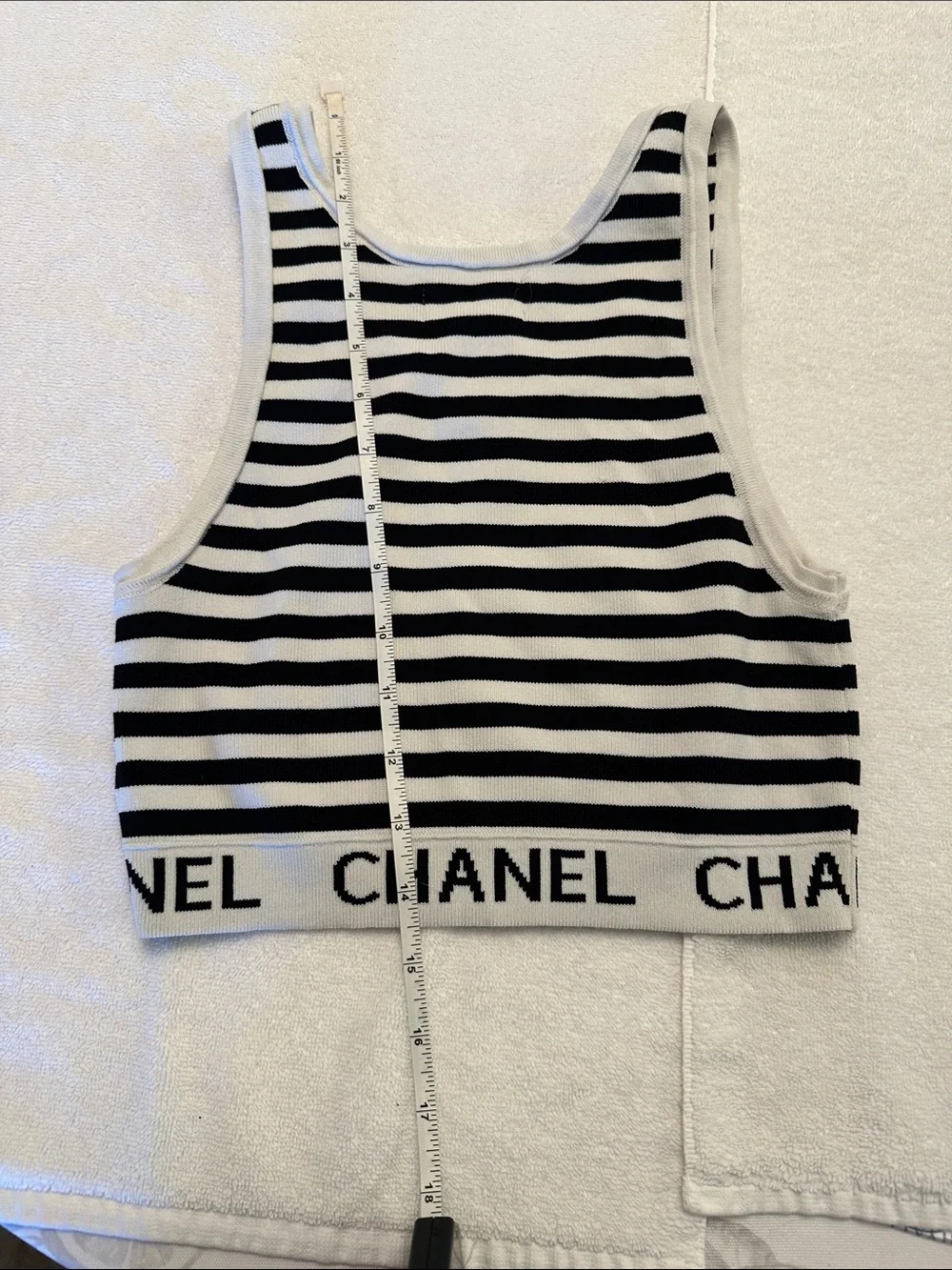 CHANEL Black and White Striped Cropped Knit Tank with Logo Hem